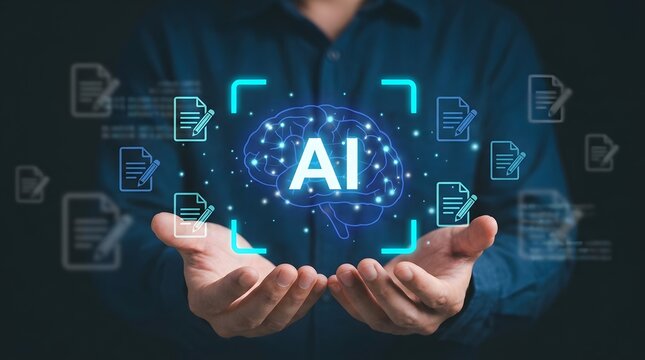 AI-powered document generation. Automatic summarization. Generative AI for proofreading and editing. Businessperson holding an artificial intelligence icon