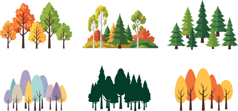 Flat vector collection of various forest tree groups including autumn foliage evergreen pines and colorful stylized woods for nature environment and seasonal landscape design.