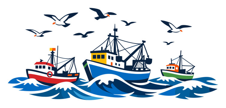 Fishing boats moving across blue sea waves under a clear sky, illustrating industrial fishing, marine life, and coastal themes
