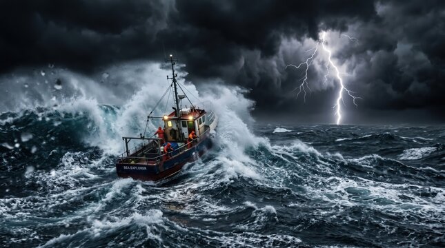 Fishing boat sailing through stormy sea with lightning