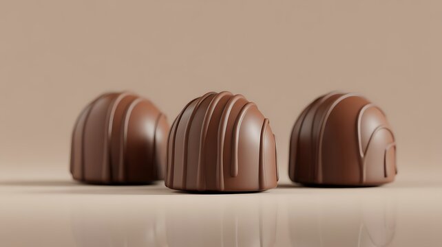 Three chocolate pralines with striped pattern on a plain background chocolate confectionery delicious