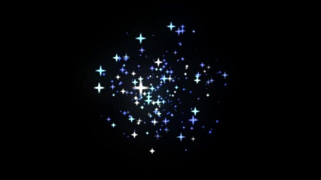 Twinkling star sparkle effect, glowing fairy glitter dust, white magic shine particles, optical lens flare flash rays, glitter line animation on black screen background, 4k