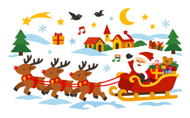Fototapeta premium Santa Claus waving from a sleigh pulled by jumping reindeer, delivering presents over a snowy village at night under the moon and stars