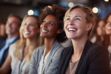 Obraz premium A diverse group of smiling individuals enjoying a lively event. Their expressions reflect joy and engagement. Perfect for conveying happiness and connection in promotional materials. AI