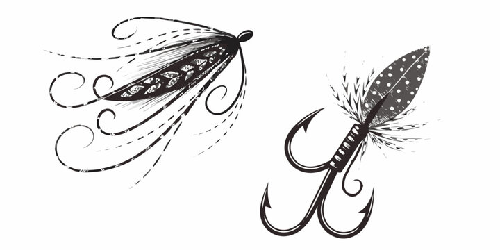 Fly fishing lures artistic black and white illustration on white background