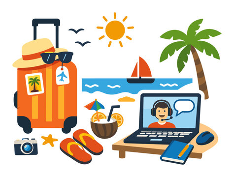 Work and leisure elements for workation concept. Laptop for remote work, suitcase, coconut drink, and beach items for vacation