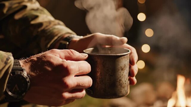 Mans hands holding a hot cup of coffee near a campfire at night.