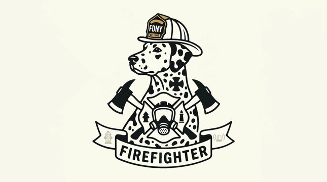 Illustration of a dalmatian dog wearing a firefighter helmet with crossed axes and a Firefighter banner on a beige background