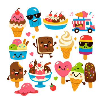 Cute cartoon ice cream cones, sundaes, banana splits, and popsicles with happy faces, celebrating a sweet summer