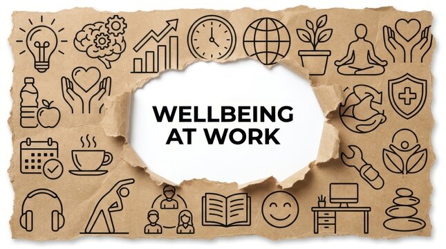 Wellbeing at work concept with icons on torn paper isolated on white background