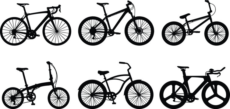 Bicycle silhouette icon set featuring road bike mountain bike BMX folding bike cruiser and racing bicycle designs