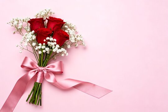 Bouquet of red roses with babys breath