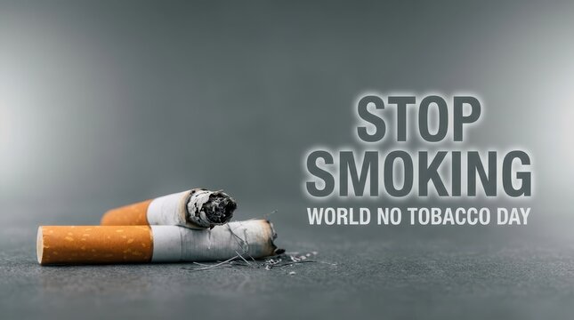 Burnt cigarettes on a textured grey background for stop smoking world no tobacco day campaign