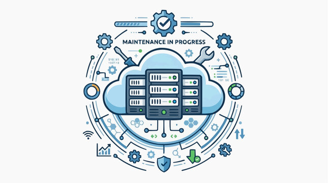 Maintenance in Progress: This illustrative graphic showcases a server and cloud with tools to depict an infrastructure undergoing system maintenance.