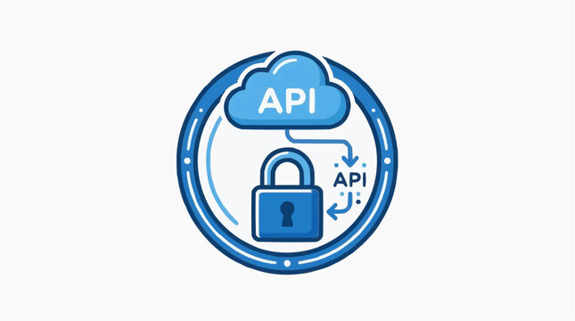 Secure API Interface: A cloud symbol with API text, combined with a padlock graphic, visually represents secure application programming interface concepts.