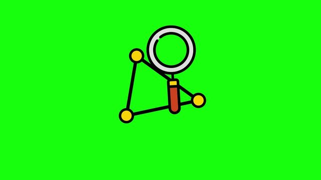 Magnifying glass icon and network of connected dots, animation of network analysis and connection symbol, data, Internet. HD video with chroma key, green screen for transparent background.