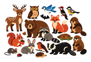 Obraz premium Assortment of adorable woodland creatures, such as deer, bear, fox, raccoon, bunny, owl, squirrel, and a variety of bird drawings