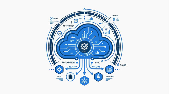 Digital Cloud Automation: An abstract, conceptual illustration symbolizing the fusion of cloud technology with automation processes, represented through interconnected diagrams and symbolic icons.