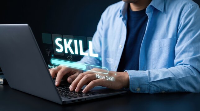 Tech Professional using digital skill development interface on laptop in workspace. Typing with 'Reskill' and 'New Skill' progress bar, and continuous learning concept.