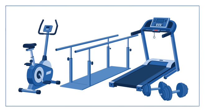 Gym Equipment Illustration: Treadmill, Stationary Bike, Parallel Bars, And Dumbbells