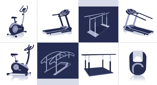 Gym Equipment Illustration: Treadmills, Exercycle, Parallel Bars, and Strength Training Machines