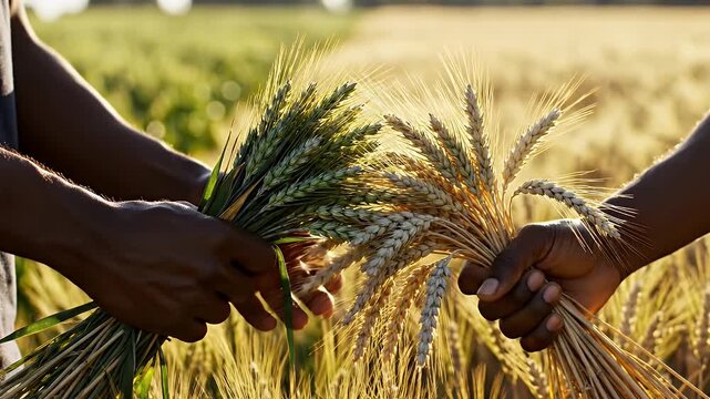 Two hands grasp contrasting bundles of wheat&mdash;one lush green and the other golden&mdash;set against a backdrop of a serene field.