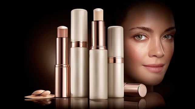 Beige and Rose Gold Makeup Products Displayed Against Black Background