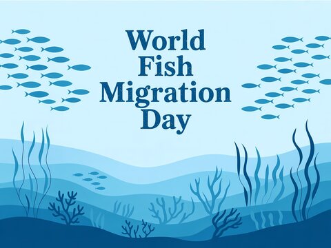 World fish migration day illustration with school of fish and underwater sea life