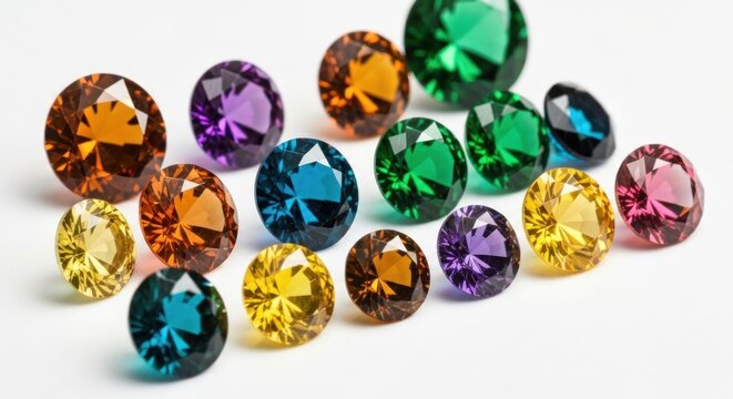 Assortment of vibrant, faceted gemstones in multiple colors arranged on white
