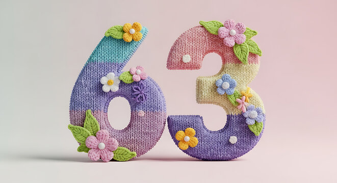 Knitted Numbers 63 with Flowers and Leaves, Colorful Retro Design