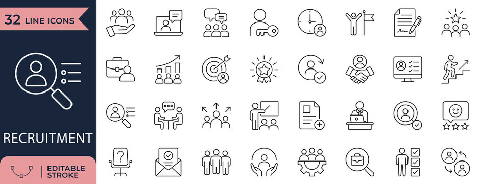 Recruitment and Human Resources Line Icons Set. for headhunting, recruit, candidate, interview, vector

