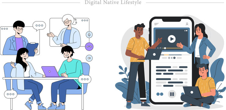 Digital Native Lifestyle Flat Vector Hybrid Remote Meeting Mobile Content Illustration