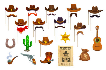 Western cowboy photo booth festive carnival masks and vector props with cowboy hats. Wild West photo booth mask of curled mustaches, sheriff star and cowboy bandana, cactus, horseshoe, and revolver © Seavector