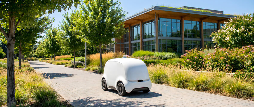 A white autonomous delivery vehicle driving along a paved pathway in a landscaped campus area