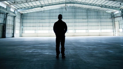 Fototapeta premium Silhouette of worker standing in empty industrial warehouse interior with large open factory space