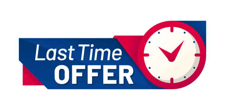Last time sale, price off offer countdown tag. Final day deal offer advertising label, last time discount vector tag. Limited time sale countdown badge with clock or stopwatch, red and blue ribbon