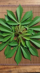 Naklejka premium Radiant Green Foliage Arrangement on Natural Bamboo Background Abstract Floral Pattern
