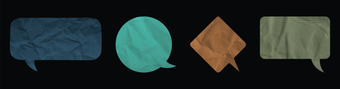 Crumpled paper speech bubbles, trendy elements set. Vector illustration.