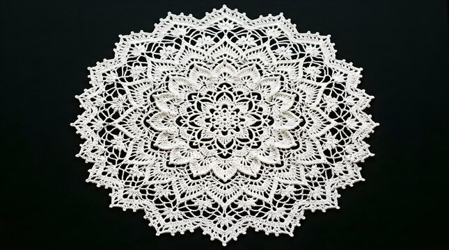 Intricate white crochet doily on black background