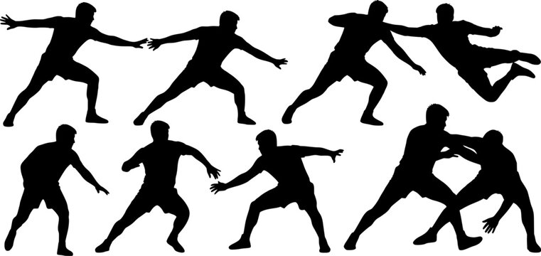 Kabaddi player vector silhouette icon set featuring raiding and tackling action poses