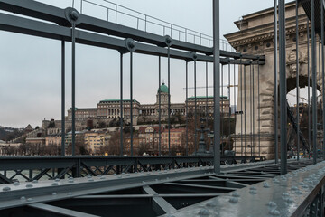 Fototapeta premium View from famous Szechenyi Chain Bridge of Budapest History Museum Castle Museum in the Budapest in Hungary
