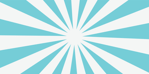 Cyan blue and white sunburst radial background. Vector comic style starburst with rays emanating from the center. Bright pop art wallpaper. © Geel Design