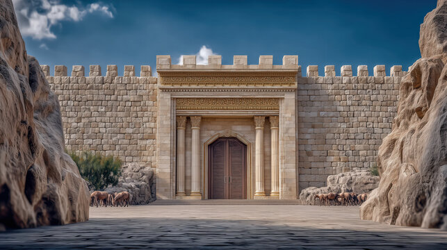 The walls of Jerusalem with the large main gate, historic biblical cityscape, stone architecture under natural light, ancient and solemn atmosphere reflecting heritage and sacred history