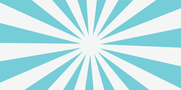 Cyan blue and white sunburst radial background. Vector comic style starburst with rays emanating from the center. Bright pop art wallpaper.