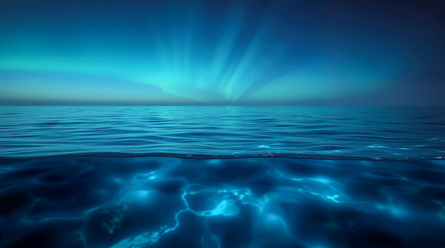 Northern Lights over Ocean with Underwater Reflections and Aurora Borealis Horizon
