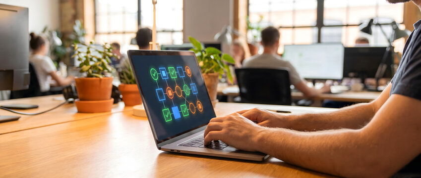 Programmer typing code on laptop with flowchart displayed on screen in modern office setting