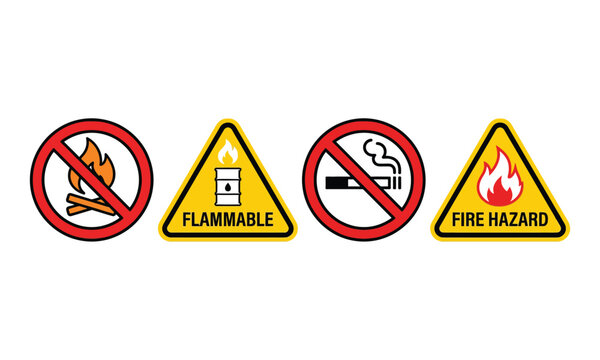 Collection of safety warning symbols indicating fire hazards and flammability signs