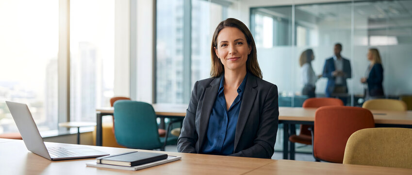 Professional businesswoman sitting at office desk smiling while looking at camera