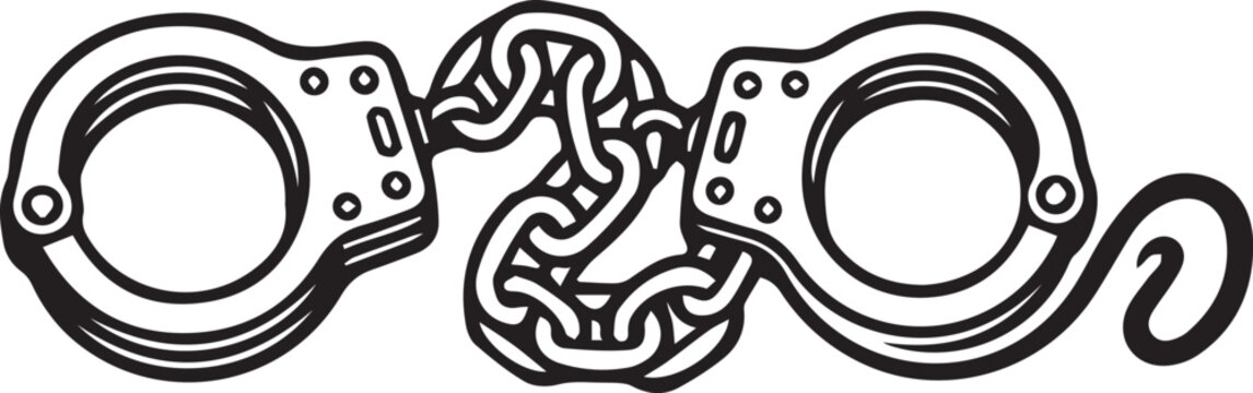 A line drawing of handcuffs with a chain and lock