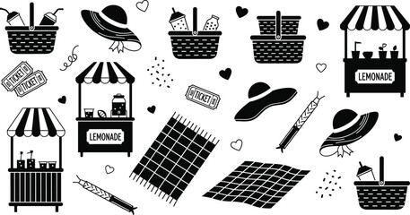 Summer Picnic Icon Set Featuring Lemonade Stands, Baskets, Picnic Blankets, and Hats for Outdoor and Party Designs © Mohammad